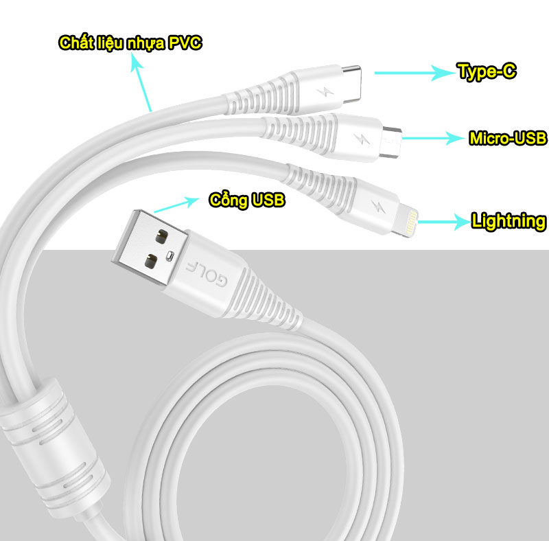 Cáp sạc đa năng Golf 3 đầu Lightning - MicroUSB - Type-C sạc nhanh 3A dài 100cm sạc 3 thiết bị cùng một lúc - Hàng chính hãng