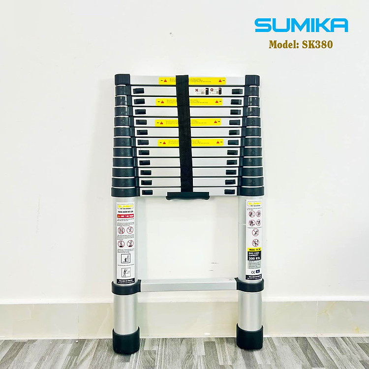 Thang nhôm rút gọn SUMIKA SK380 - Chiều cao tối đa 3.8m, hợp kim nhôm cao cấp, khóa chốt chắc chắn, đế cao su chống trượt, nhỏ gọn, di chuyển tiện lợi - Hàng chính hãng