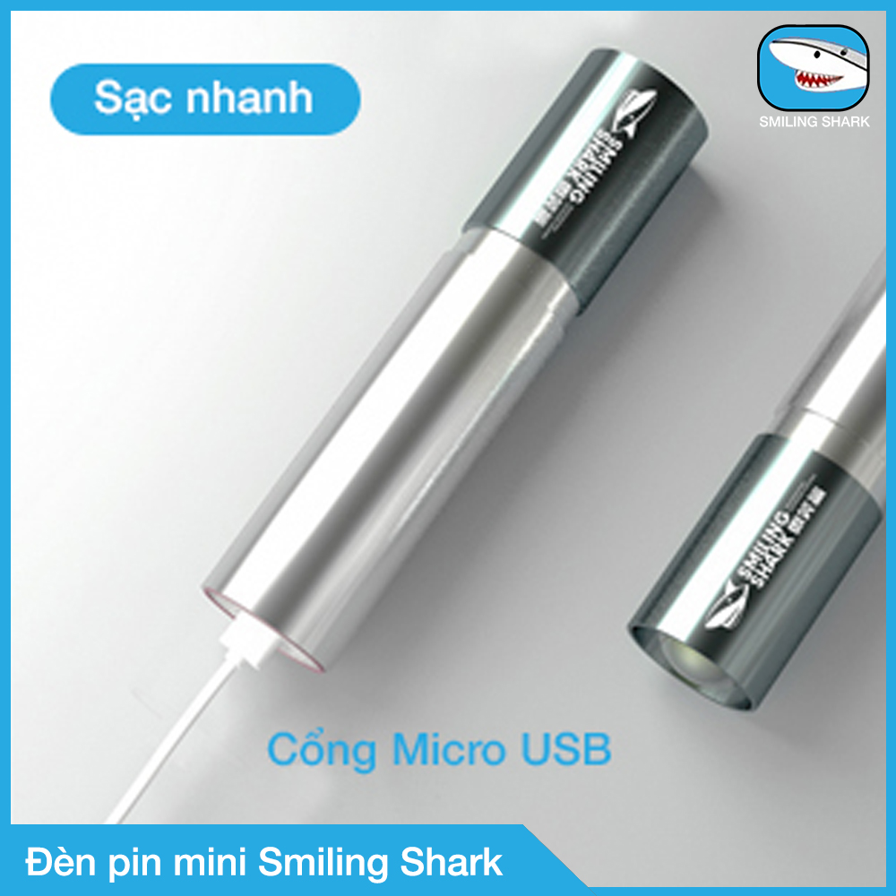 Đèn pin mini siêu sáng Smiling Shark, tầm chiếu xa 50 - 200m, cho vừa túi quần, pin siêu khoẻ, chiếu sáng sương mù, chống nước, sạc USB, gắn xe đạp hoặc mang theo dã ngoại đa dụng nhỏ gọn - Hàng Chính Hãng