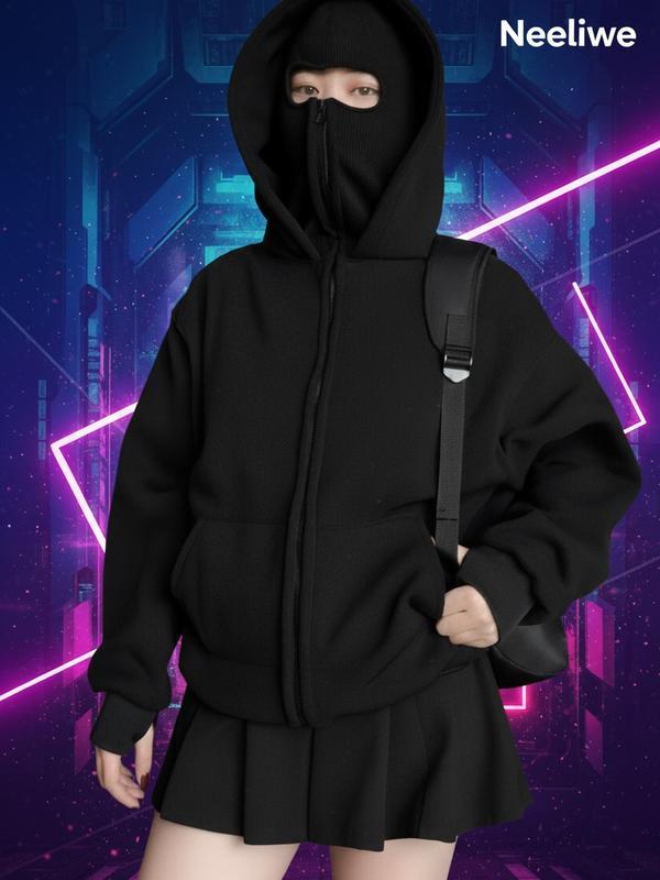 Bộ Áo Hoodie Balaclava, Hoodie zip Thiết Kế  2 mũ Độc Đáo, trùm kín đầu, Chống nắng cực tốt Fom Unisex Nam Nữ. - Áo Đen