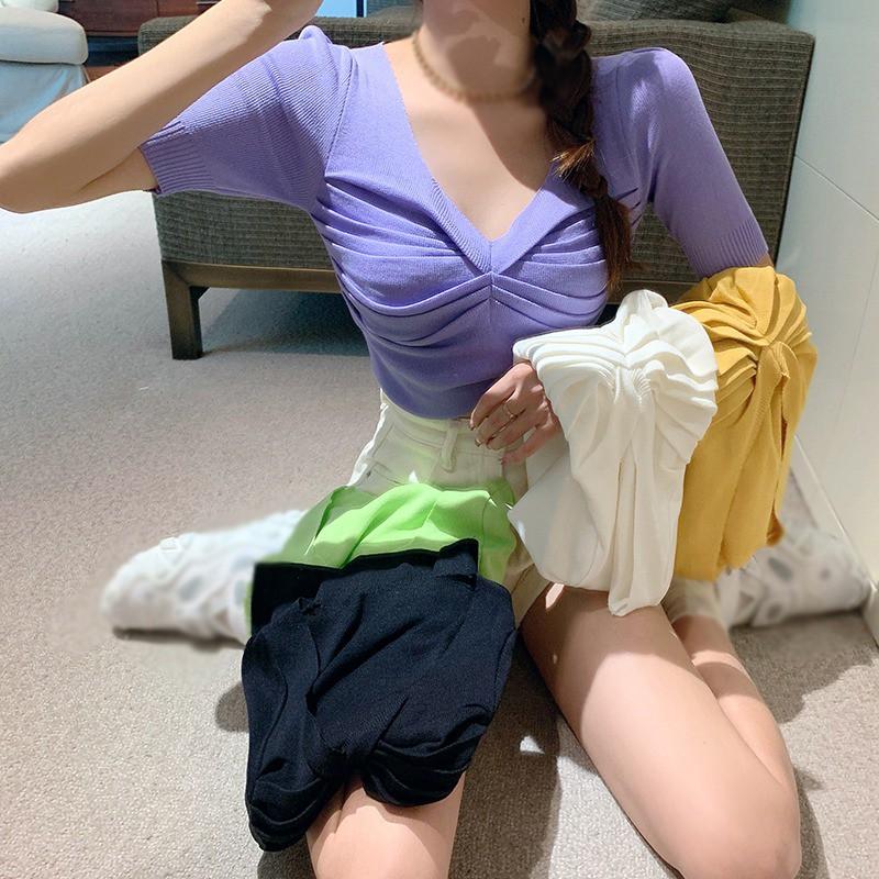 Áo Thun Tay Ngắn Cổ Chữ V Màu Trơn Thiết Kế Đơn Giản Thời Trang Dành Cho Nữ