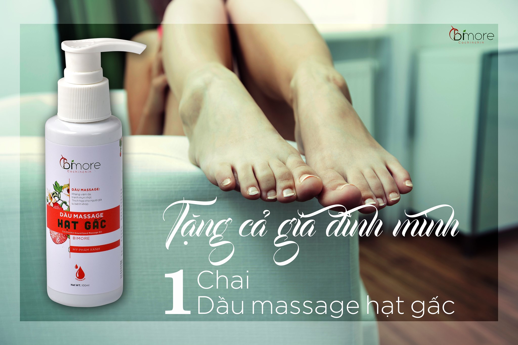 Dầu massage hạt gấc Bimore dưỡng da sáng mịn, tuần hoàn máu tốt, ngừa khô nứt nẻ