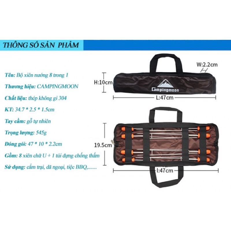 Đồ cắm trại bộ 8 xiên nướng BBQ campingmoon campoutvn dùng với bếp than hoa inox du lịch dã ngoại sang trọng glamping A186