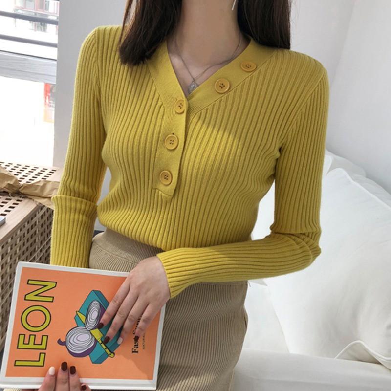 Áo sweater thời trang nữ tay dài cổ chữ V màu trơn