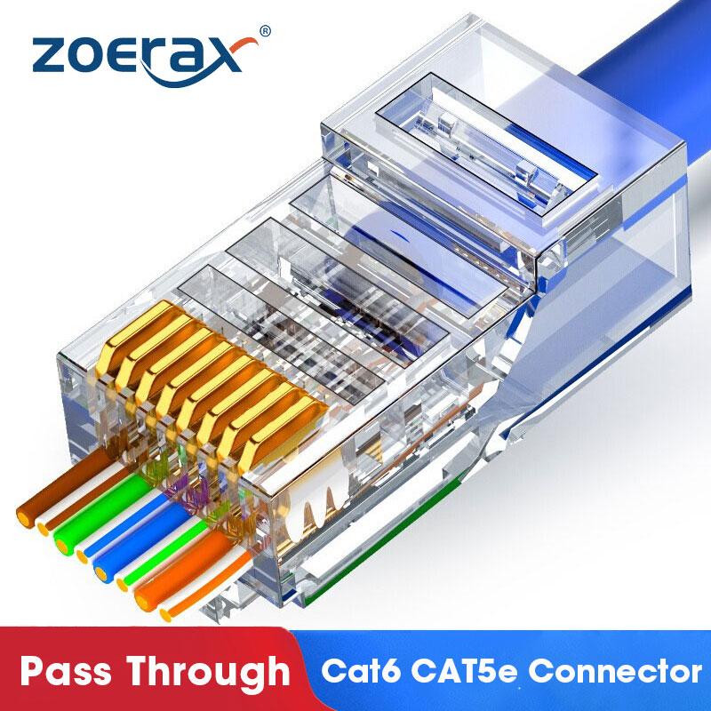 Zoerax RJ45 Cat5e Cat6 đi qua các đầu nối EZ đến phích cắm mô -đun cho cáp rắn hoặc cáp bị mắc kẹt