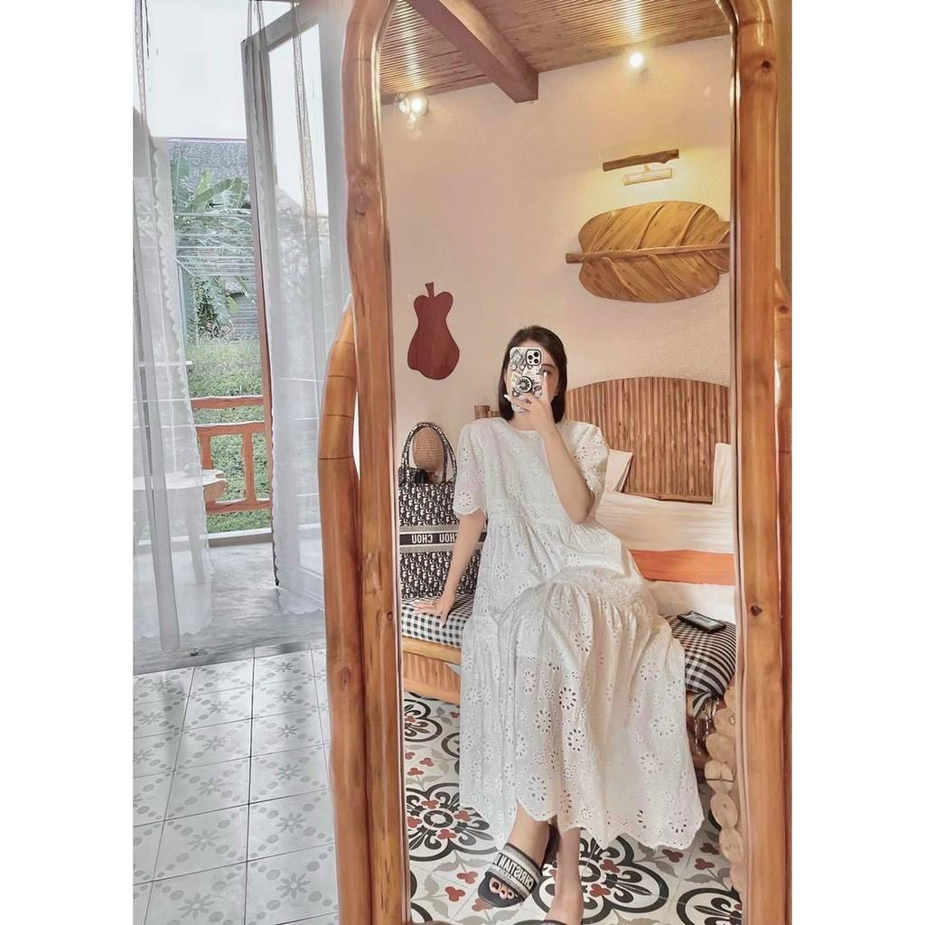 ĐẦM TRẮNG MAXI BABYDOLL 2 TẦNG MAY KATE REN TRANG TRÍ CỔ TRÒN TAY LỠ DÁNG XÒE