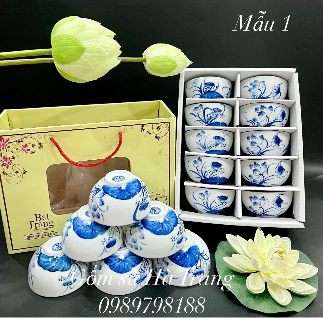 Combo 10 bát cơm quà tặng gốm sứ Bát Tràng cao cấp vẽ hoạ tiết sen phú quý mẫu 1