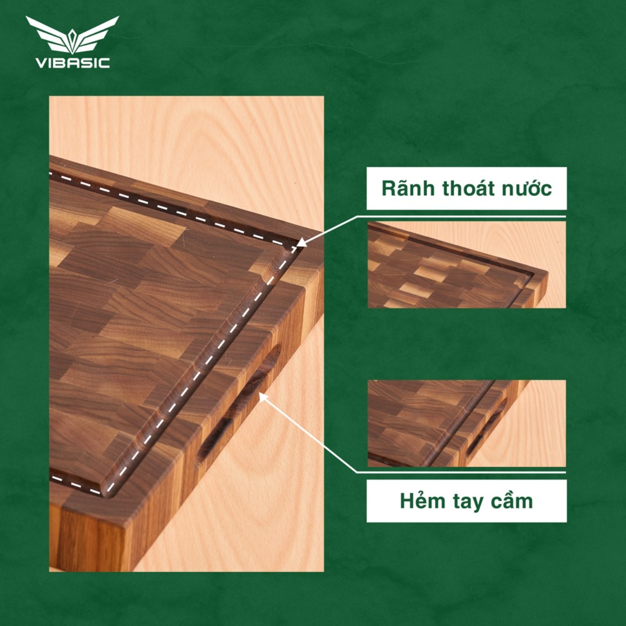 Thớt gỗ óc chó Vibasic kích thước 400x300x38mm, dùng để cắt thái và chặt, kèm hộp quà tặng cao cấp - Hàng chính hãng Bộ Quốc Phòng