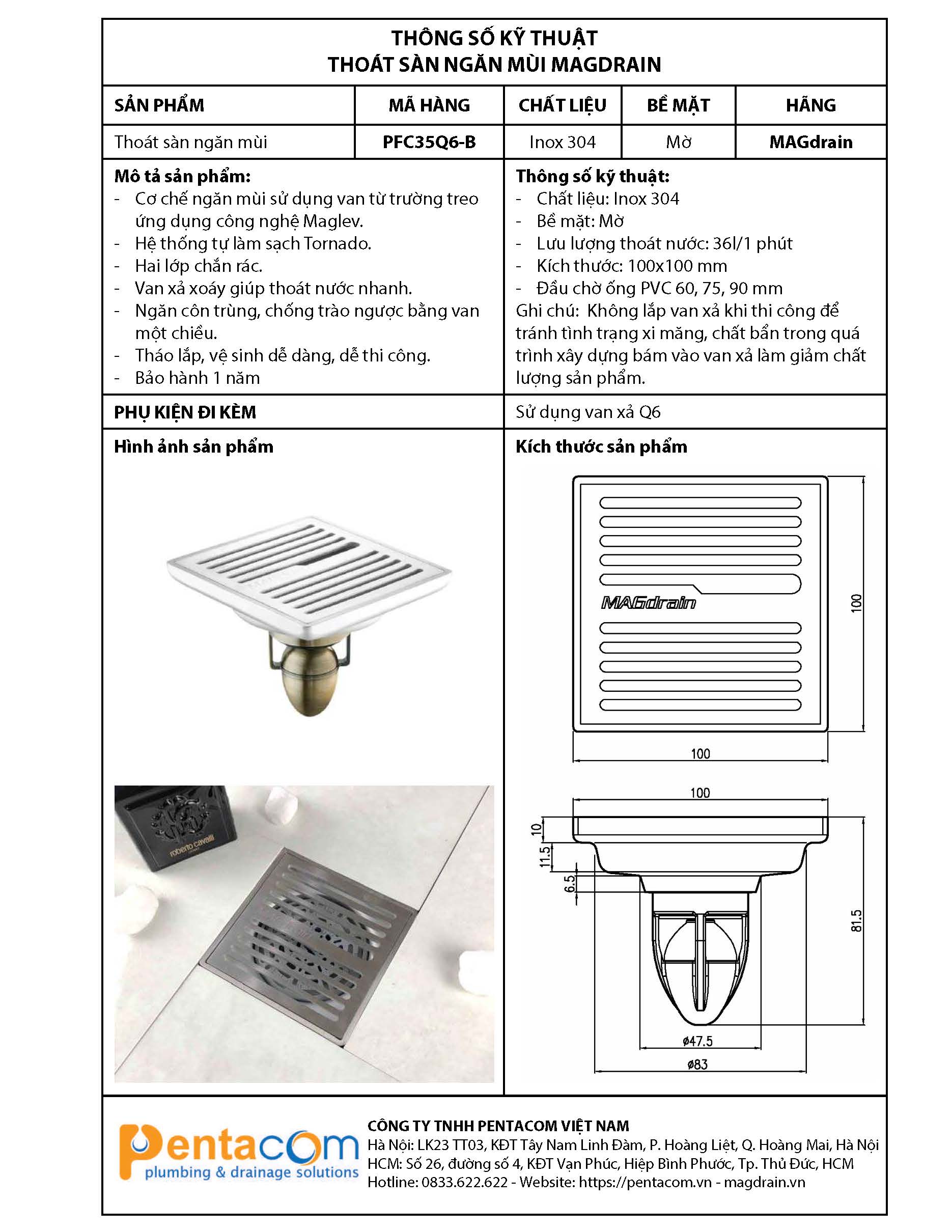 Thoát sàn ngăn mùi thoát nước nhanh MAGdrain PFC35Q6-B