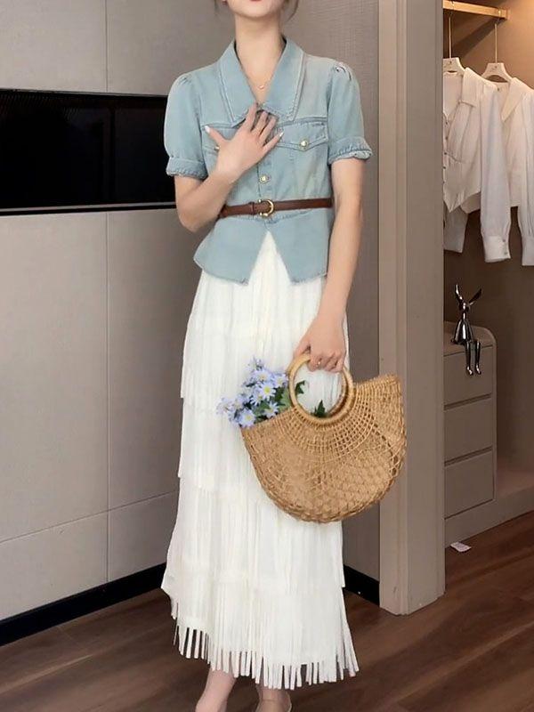 SHUANGYAN Trang phục giảm tuổi thanh lịch 2023 Áo denim ngắn mùa hè+váy nửa người màu