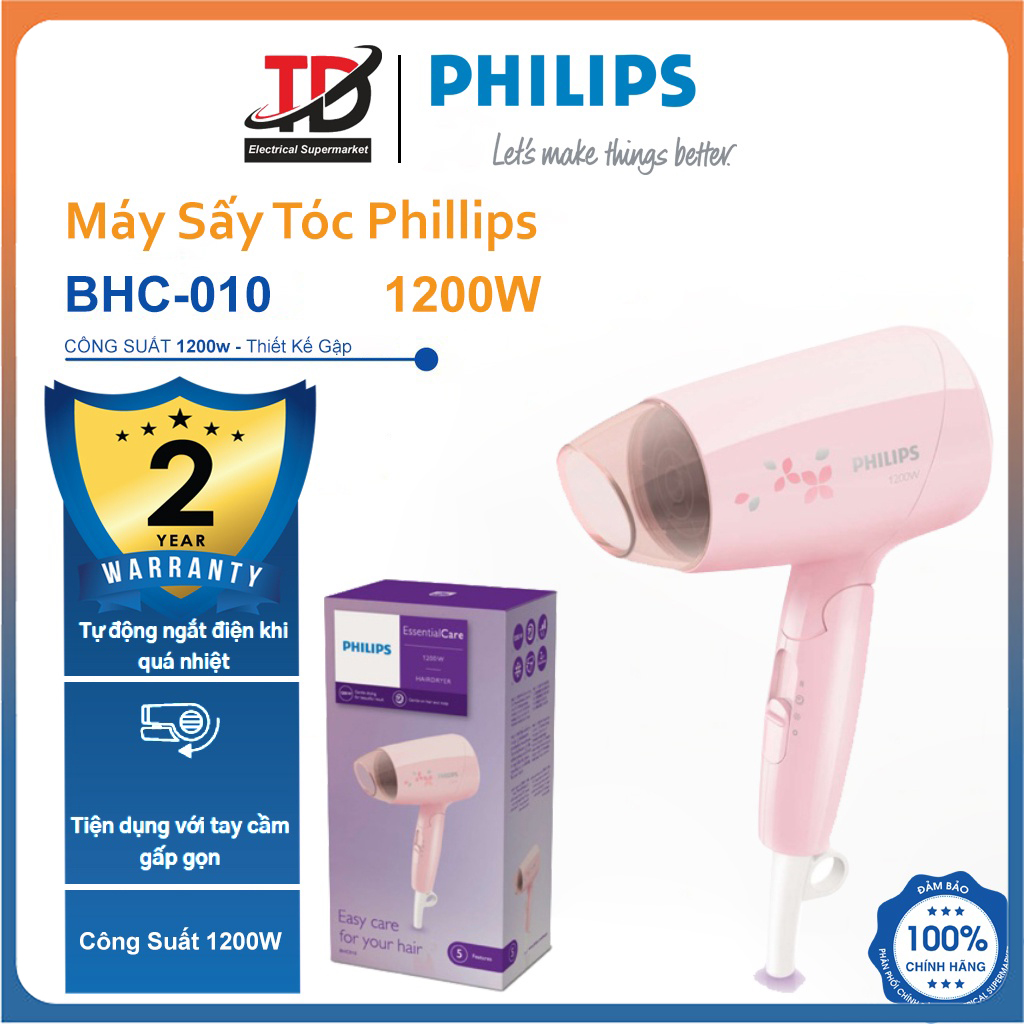 Máy Sấy Tóc Philips BHC010, Công Suất 1200W - Thiết Kế Gập, Du Lịch - Hàng Chính Hãng