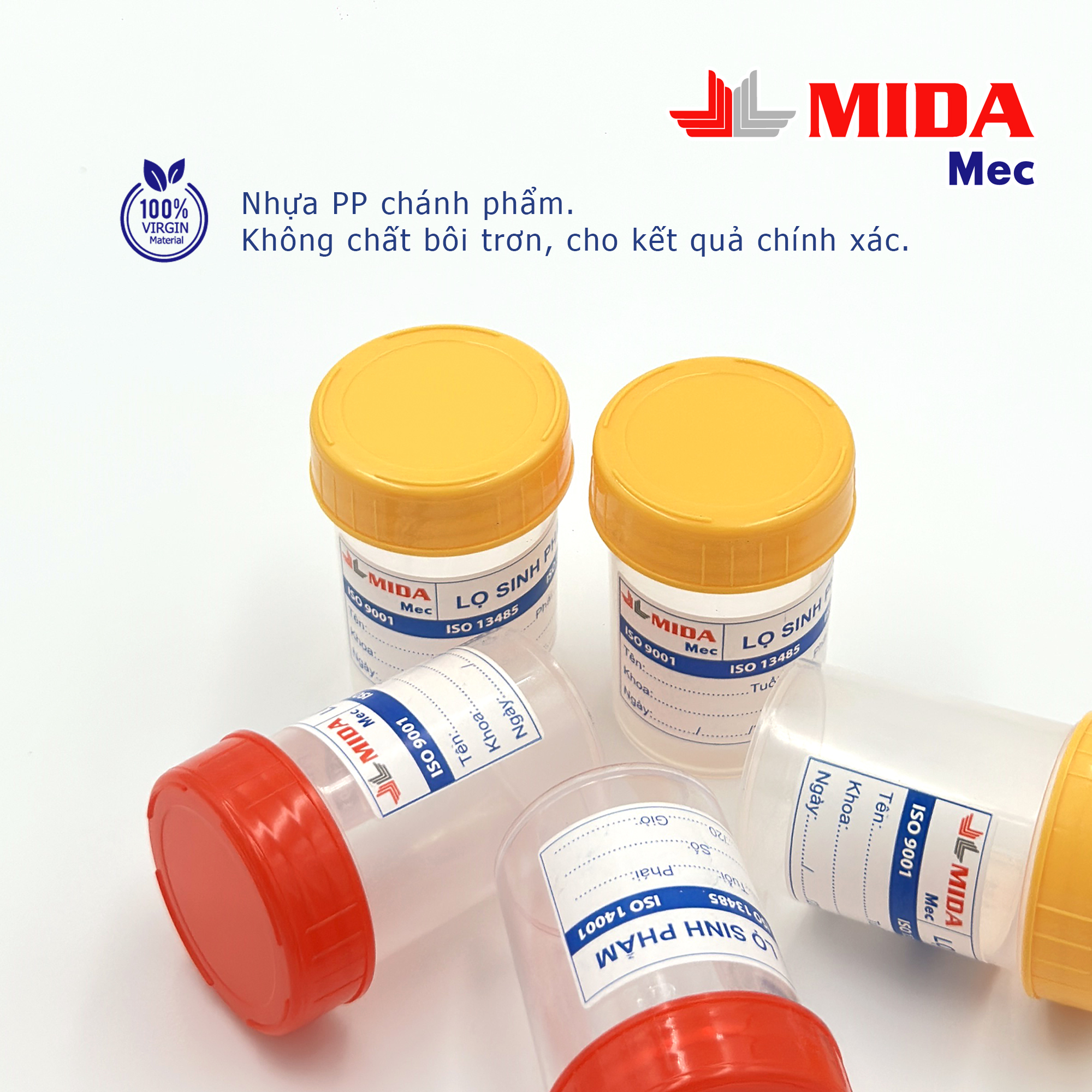 Lọ sinh phẩm MidaMec không gá 40ml PP đóng gói 100 lọ/bao - Nắp Vàng