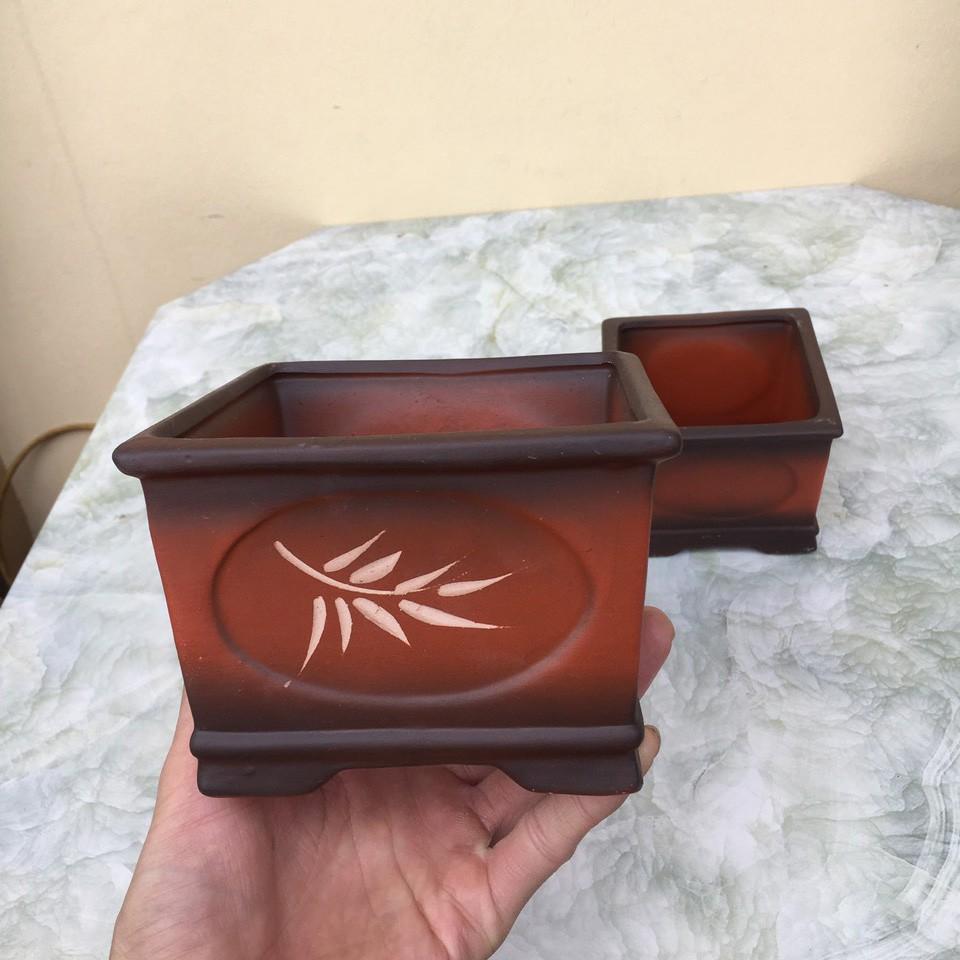 Chậu bonsai Vuông mini đất nung Cặp 2 gốm Bát tràng 1 size BM-133