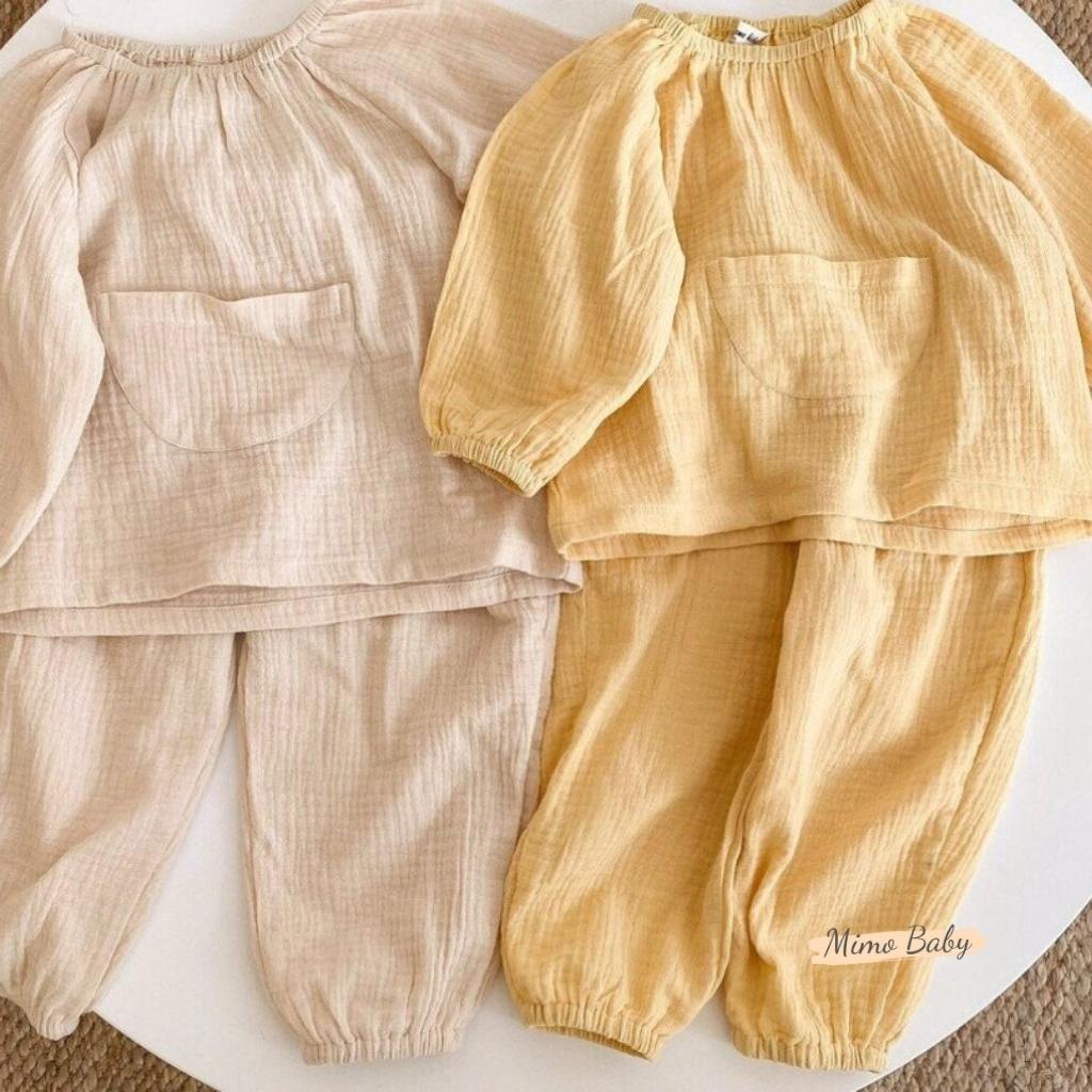 Bộ quần áo dài tay vải xô muslin cao cấp phối túi bụng đáng yêu cho bé QA42 Mimo Baby