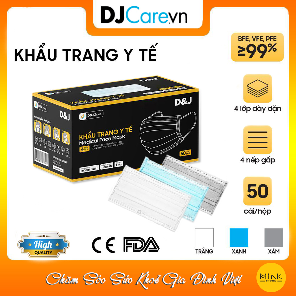 Khẩu Trang Y Tế Kháng Khuẩn 4 Lớp D&J/Tiêu Chuẩn Quốc Tế/Hộp 50 Cái
