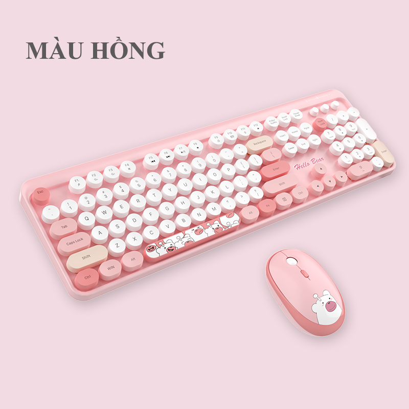 Bộ bàn phím và chuột không dây MOFII HELLO BEAR kết nối chip USB 2.4G thiết kế họa tiết gấu dễ thương và màu sắc nữ tính - Hàng Chính Hãng