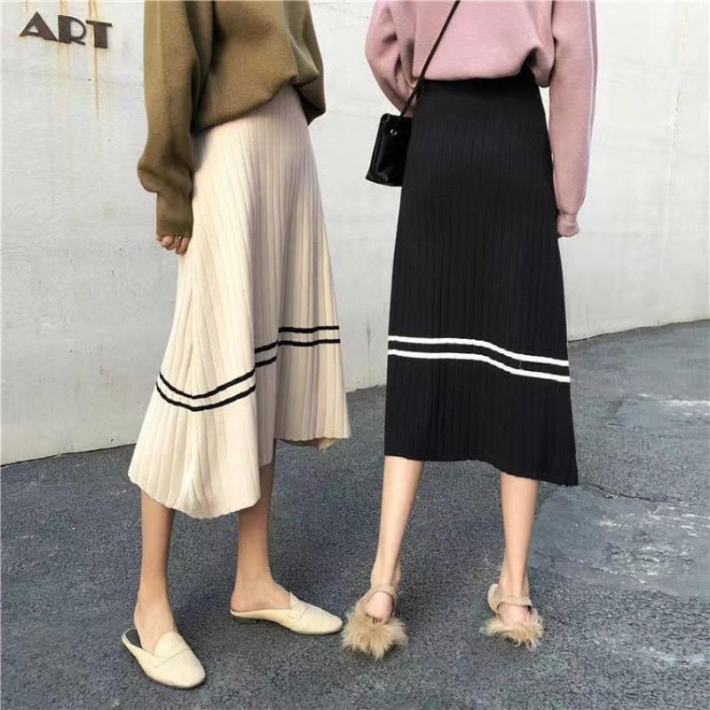 MS969 Chân váy midi len xoè kẻ ngang, chân váy len dài Quảng Châu