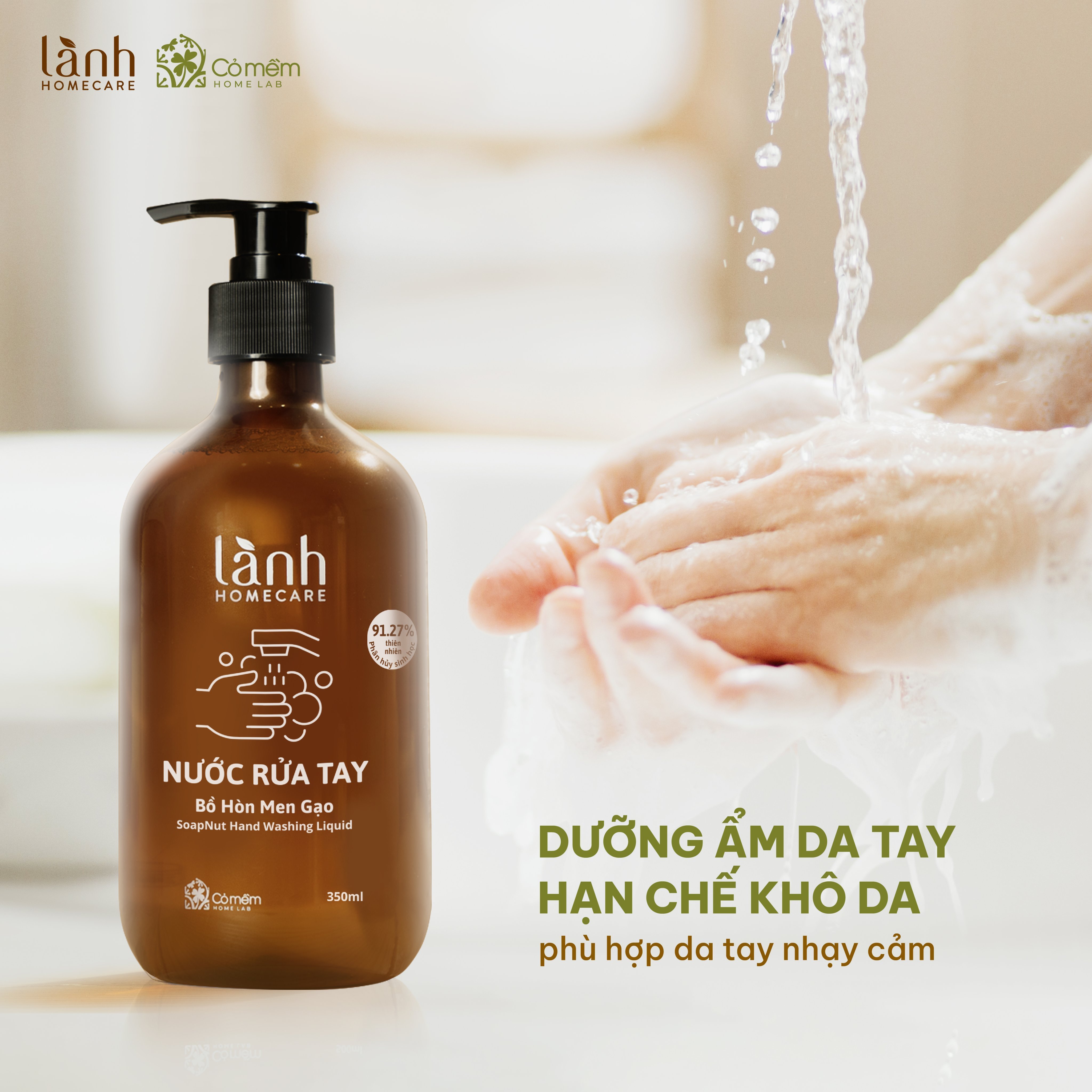 Nước Rửa Tay Thiên Nhiên Bảo Vệ Dưỡng Ẩm Da Tay An Toàn Lành Homcare Cỏ Mềm 350ml