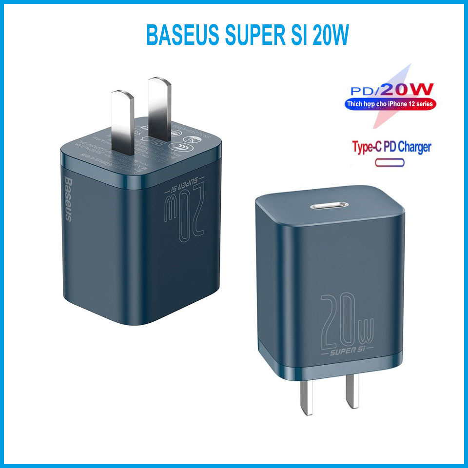 Củ Sạc Adapter Baseus Super Si 20W Mini Type C Blue - PD/QC 3.0 - Tự Động Điều Chỉnh Ổn Định Dòng Điện - Hàng Chính Hãng