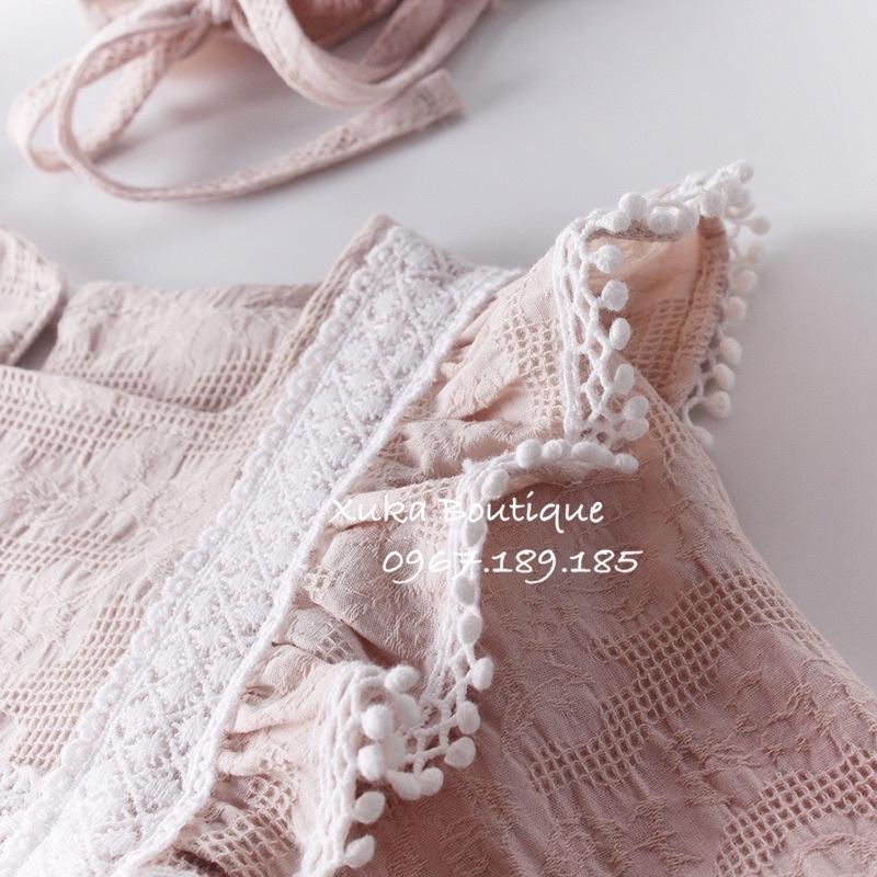 Bodysuit Dài Tay Giả Váy Kèm Mũ Tiểu Thư Cổ Ren Cánh Tiên Cao Cấp Bé Gái
