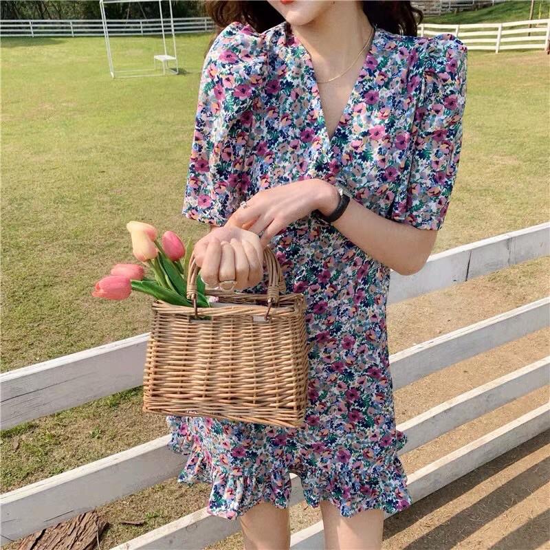 Váy đầm hoa họa tiết sang chảnh bộ đuôi cá tím - váy hoa dáng xòe tôn dáng