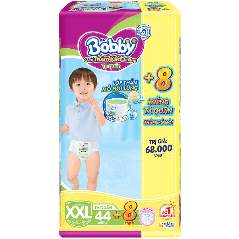 Tã quần Bobby - Đệm Lưng Thấm Mồ Hôi XXL44 (44 miếng) - Tặng 8 miếng trong gói