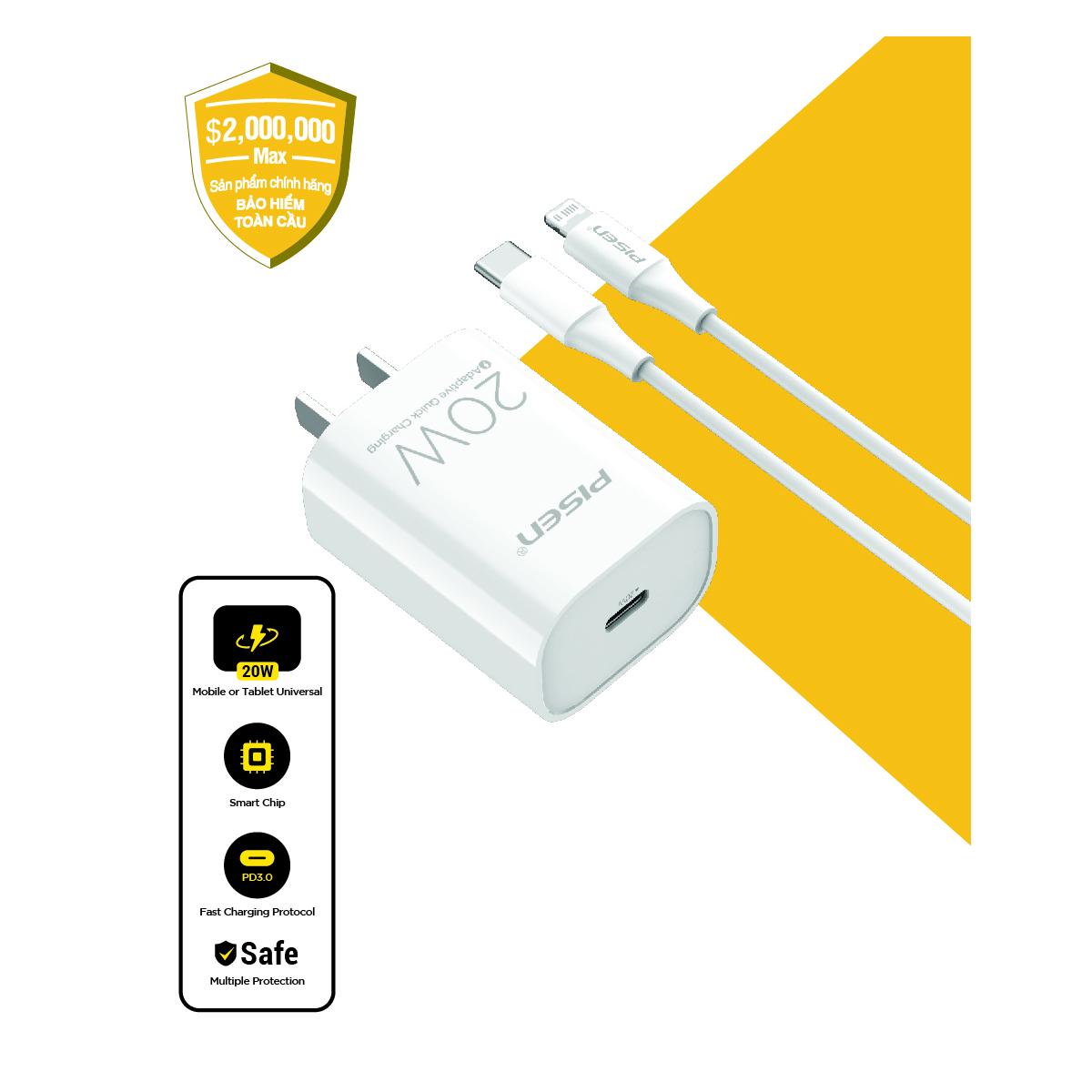 Bộ Sạc Nhanh Mr White USB-C 20W CL1000 Lightning - Pisen TS-C135