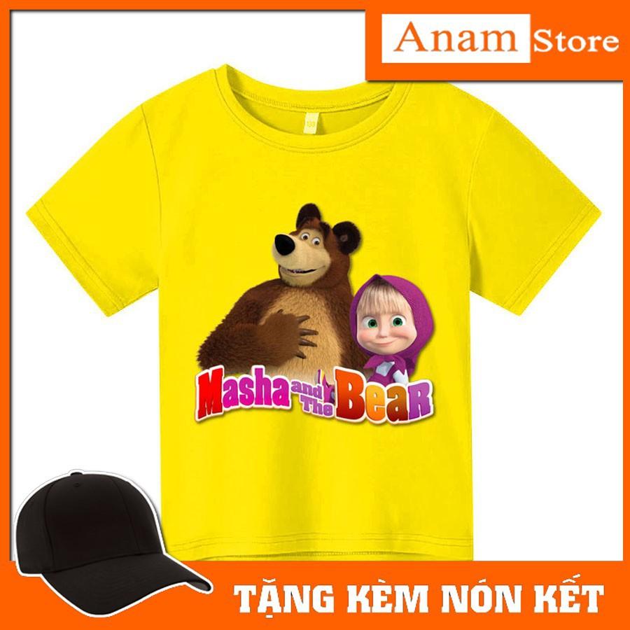 Áo thun trẻ em Masha và gấu, Tặng kèm nón kết, có size người lớn, Anam Store