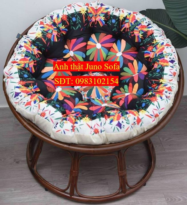 Ghế mặt trăng Papasan mây thật cao cấp Juno Sofa size 1m, Nệm hoa văn Indochine