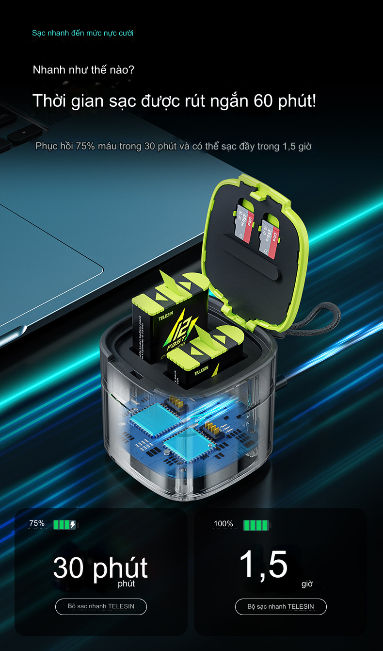 Combo dock sạc nhanh TELESIN + 2 pin Telesin Fast Charging dùng cho GoPro Hero 12/11/10/9