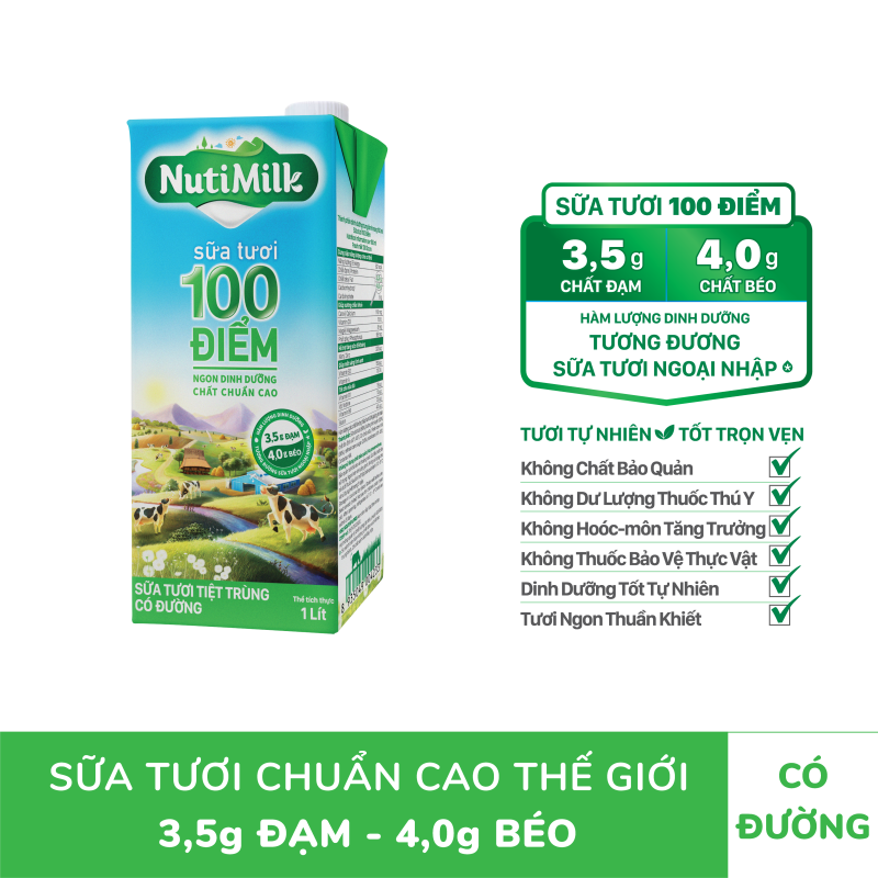 NutiMilk Sữa tươi 100 điểm - Sữa tươi tiệt trùng Có đường Hộp 1 Lít STCD1LTI NUTIFOOD