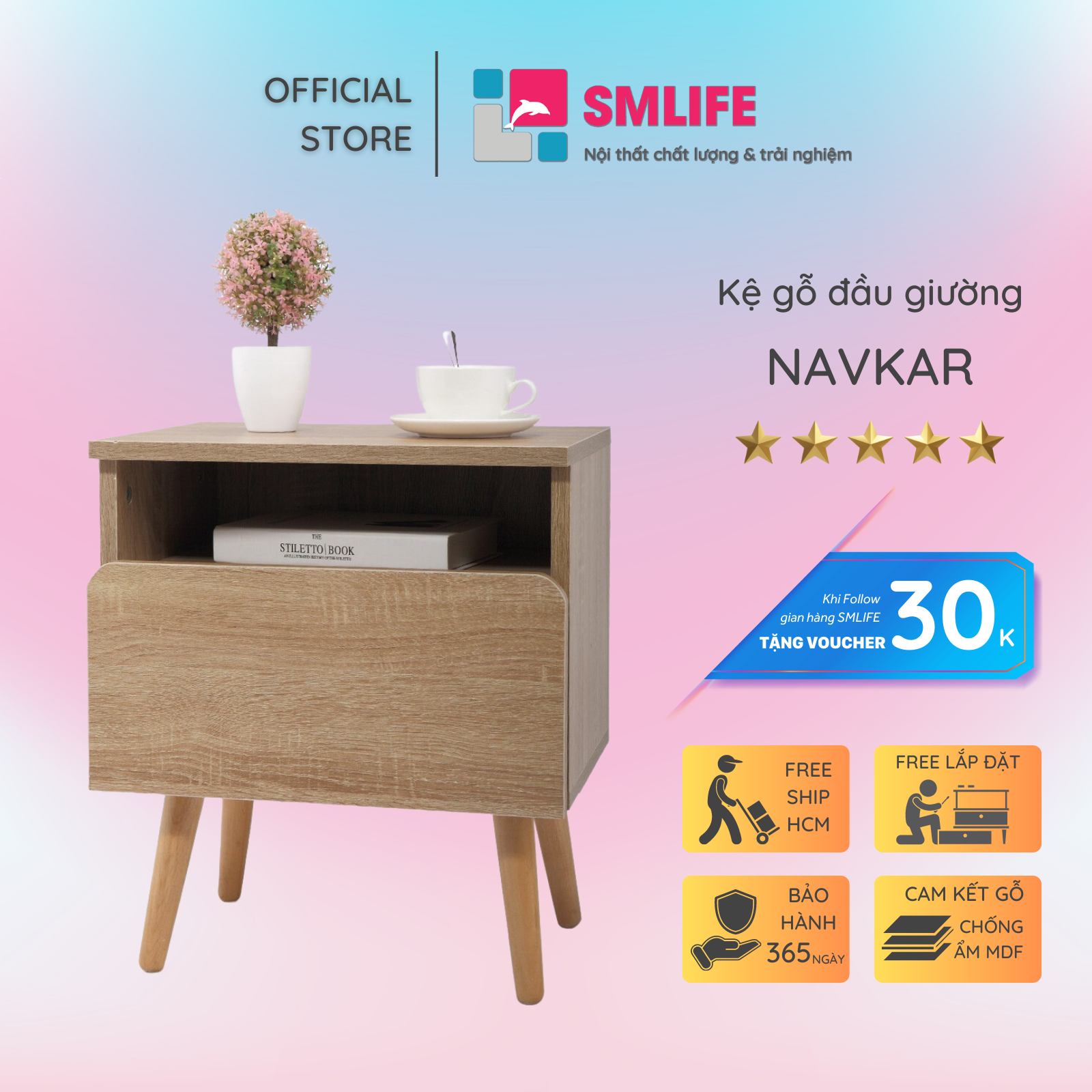 Kệ gỗ đầu giường hiện đại SMLIFE Navkar | Gỗ MDF dày 17mm chống ẩm | D40xR30xC50cm