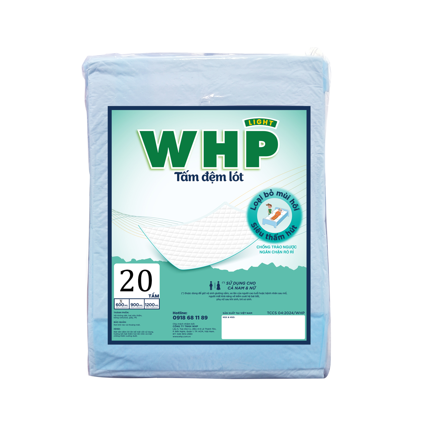 Tấm Đệm Lót WHP Underpad, Siêu Thấm Hút, Chống Trào Ngược, Khử Mùi Hiệu Quả Size 60x90 cm (20 miếng/túi)