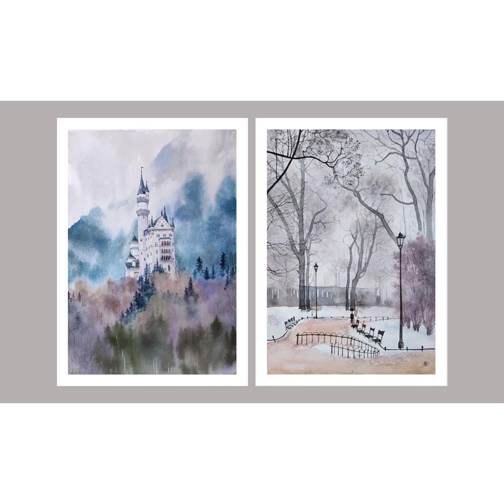 Bộ 2 tranh canvas phong cách màu nước - Lâu đài - WT023