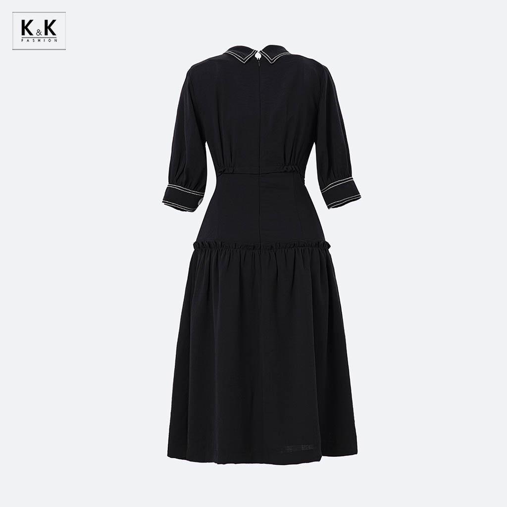 Đầm Xòe Đen Công Sở Nữ Nhấn Eo Viền Trắng K&amp;K Fashion KK114-26 Chất Liệu Tằm Đũi
