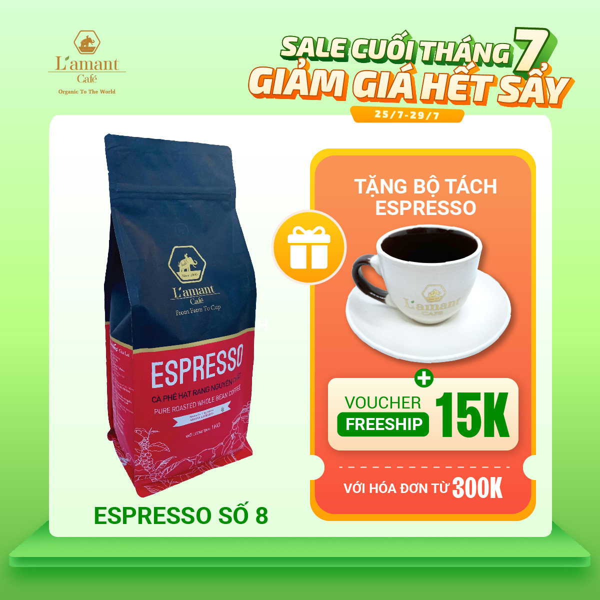 Cà phê nguyên chất L'amant Espresso 100% Robusta hạt pha máy túi 1kg No.08