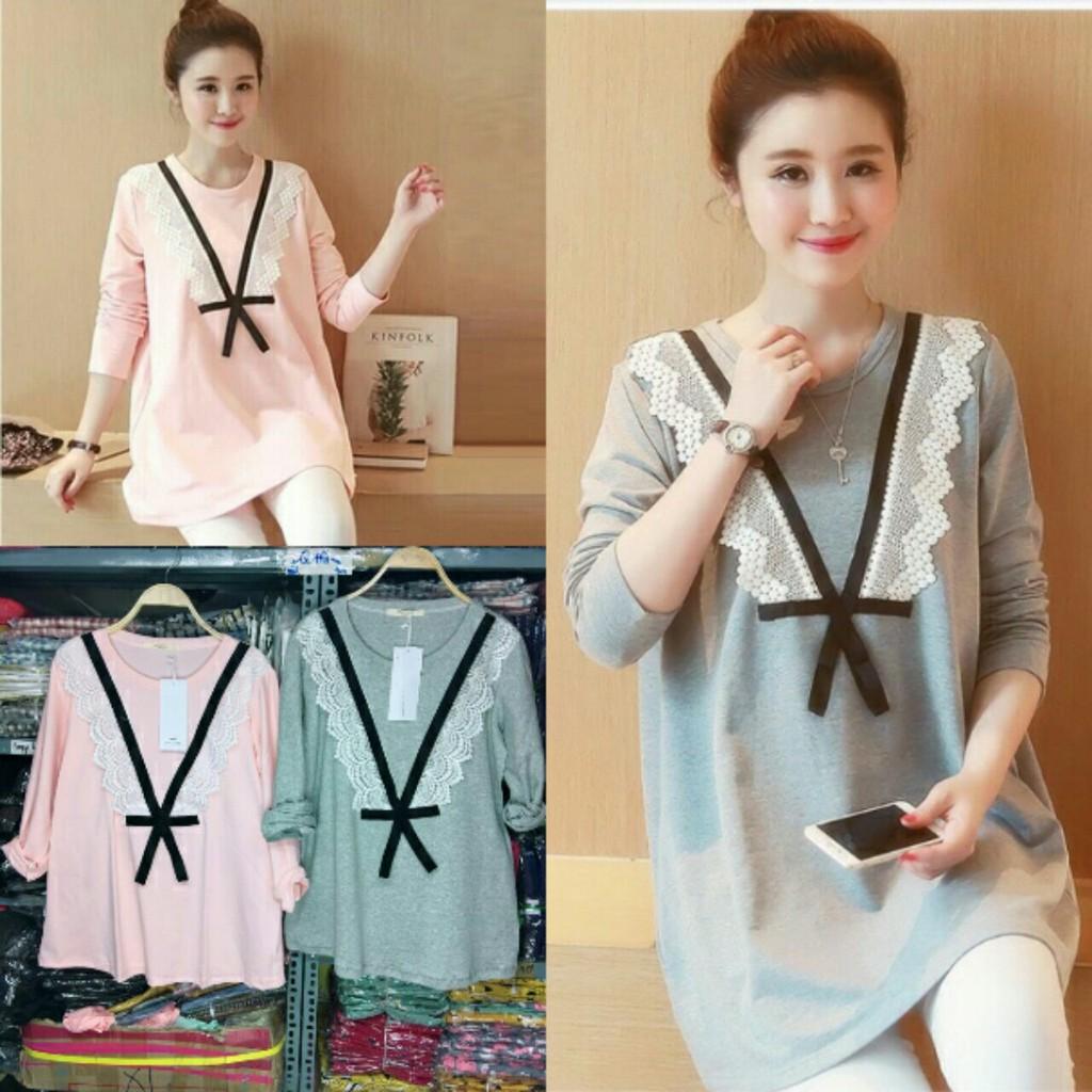 Áo Bầu Cổ Bèo Nơ Chất Cotton Đẹp