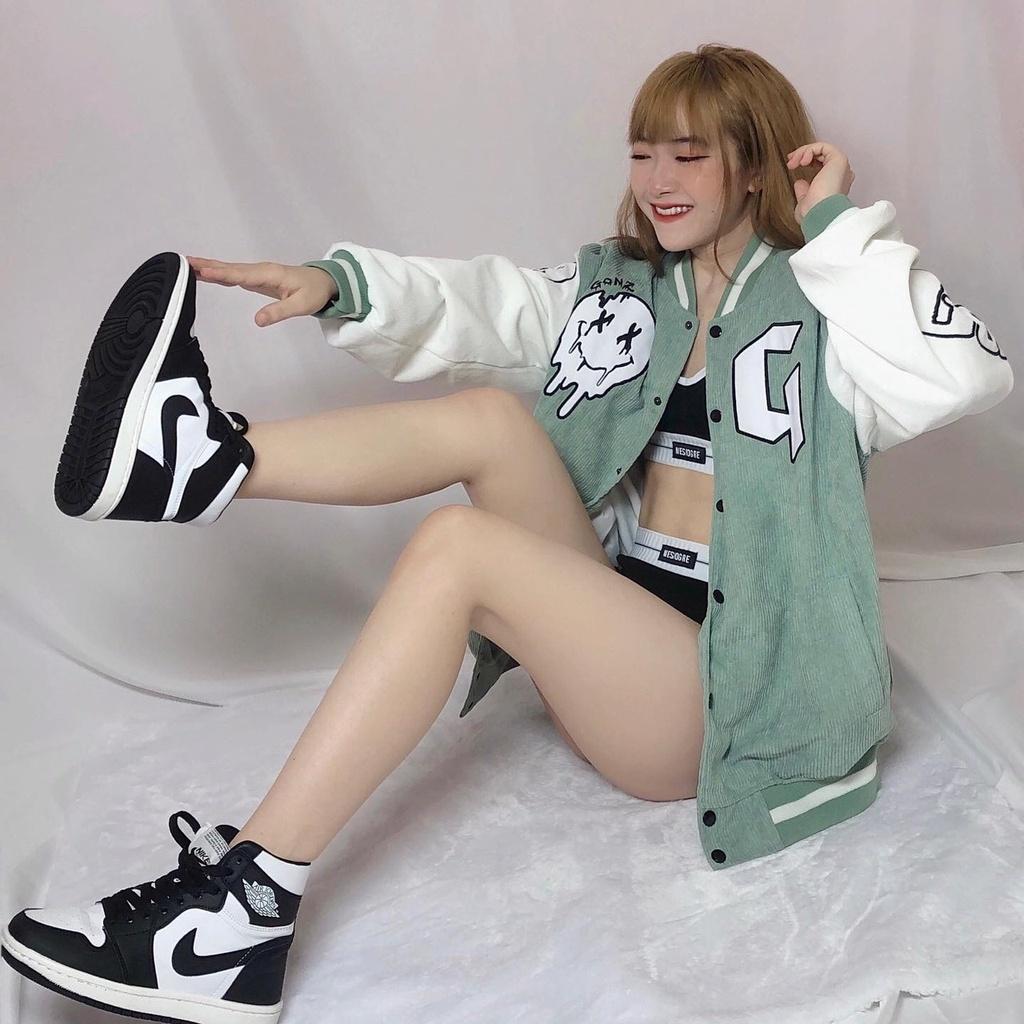 Áo Bomber Nhung Gân Thêu G 2 Lớp Jacket Varsity FF Mint V11