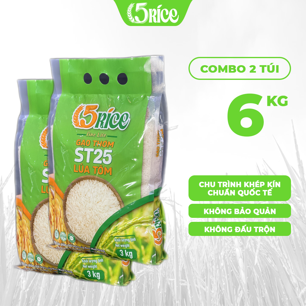 Gạo Lúa Tôm ST25 5RICE - Túi 6kg - Gạo thượng hạng thơm dẻo, đậm vị 5RICE
