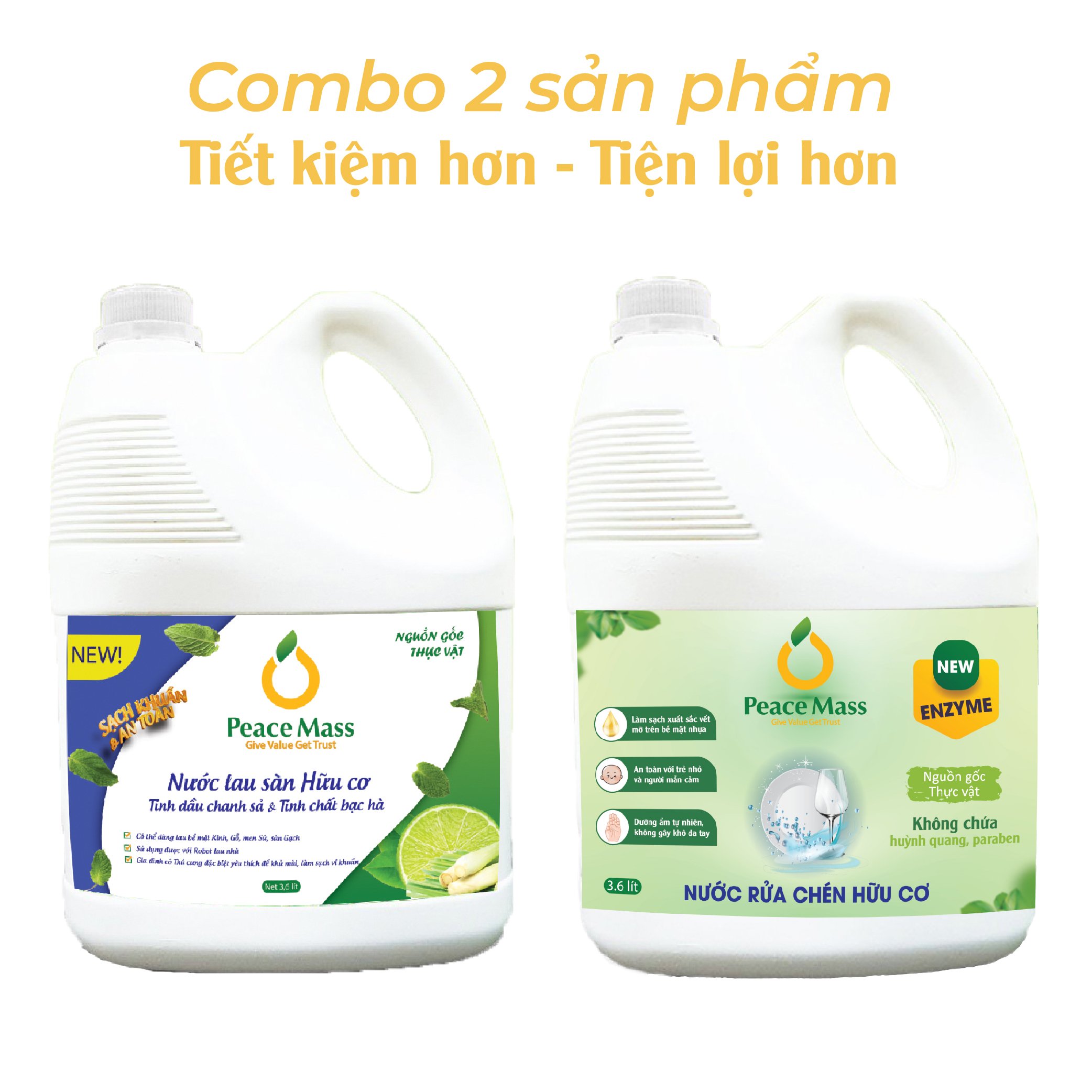 Combo Sản Phẩm Gốc Thực Vật LSB3 Peace Mass Nước Lau Sàn TD Chanh Sả - Bạc Hà 3.6 l + Nước Rửa Chén 3.6 l (Thuộc nhóm Sản phẩm Lành tính / Hữu cơ)