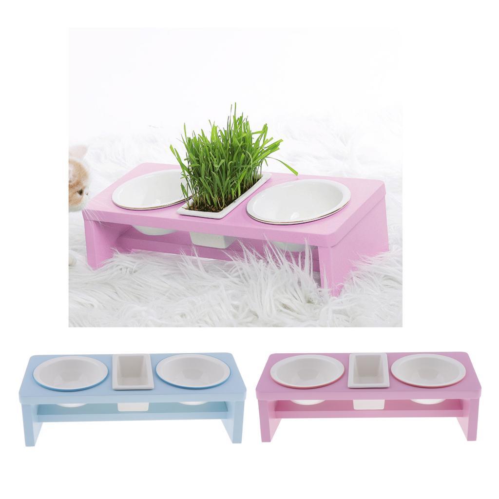 Pet Ceramic Food Water Feeding Bowl With Wooden Stand For Cat Dog Sky Blue