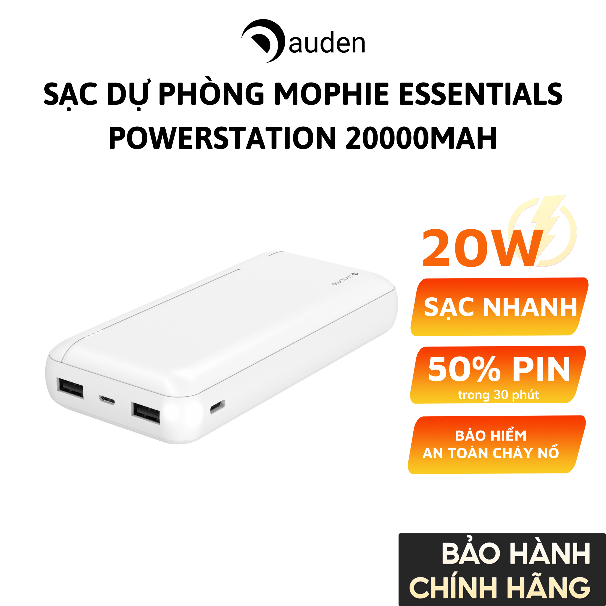Sạc dự phòng mophie Essentials powerstation 20000mAh hỗ trợ sạc nhanh chuẩn PD 20w - Hàng chính hãng