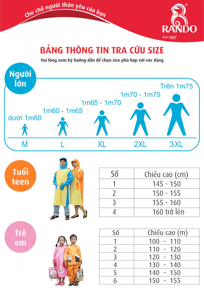 Áo mưa trẻ em Mèo con Rando CPPS-11 từ Size 1 đến Size 6 tương đương với chiều cao từ 80 cm đếm 160 cm ( GIAO MÀU NGẪU NHIÊN)