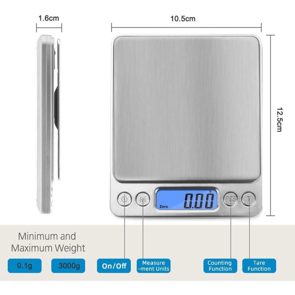Cân điện tử nhà bếp I2000 độ chính xác cao mặt thép không gỉ có chức năng trừ bì và chức năng đếm tặng kèm 2 khay và pin