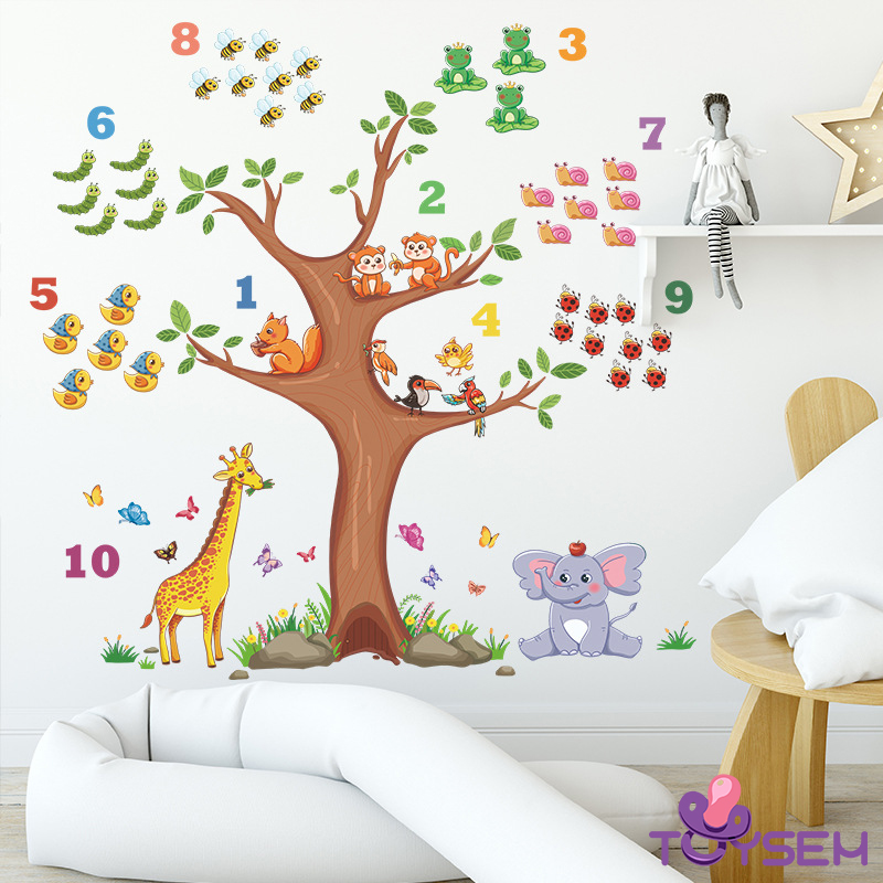 Decal trang trí dán tường cho bé tập đếm số và hình thú rừng, Giấy dán tường trang trí phòng cho bé, Decal trang trí nhà cửa