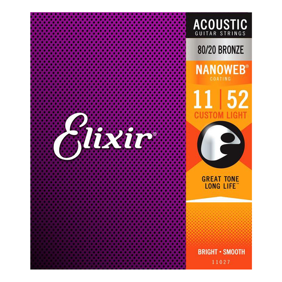 Bộ dây đàn Guitar Acoustic cao cấp/ Acoustic Guitar Strings - Elixir 11027, Bright, Smooth - 80/20 Bronze, Nanoweb Coating, Custom Light 11-52 - Hàng chính hãng