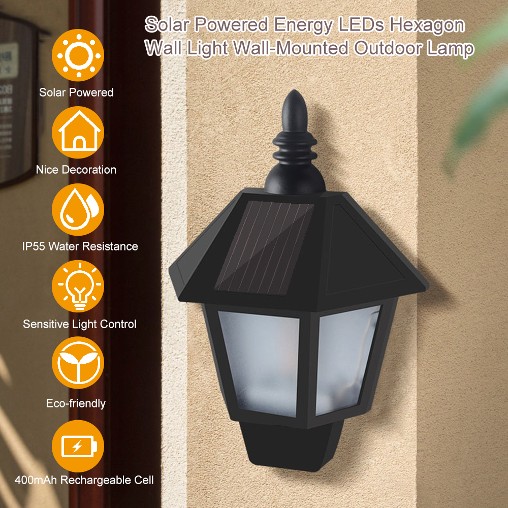 Đèn LED năng lượng mặt trời, hình lục giác, treo tường, phong cách cổ điển