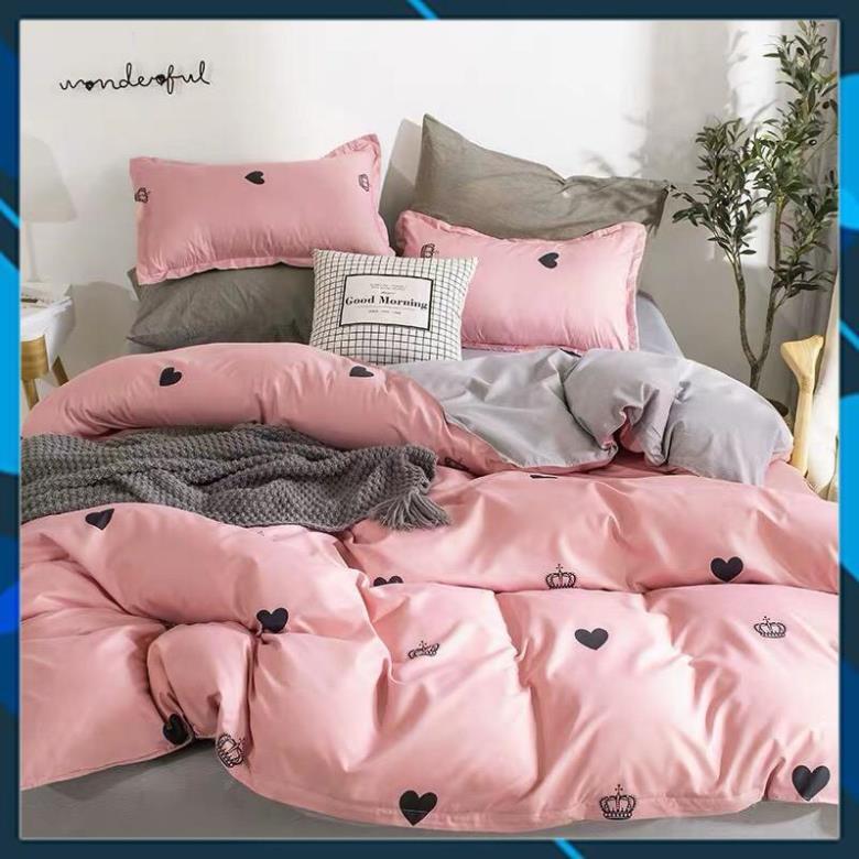 Bộ chăn ga Cotton Poly tim vương miện - mẫu mới phong cách Hàn Quốc
