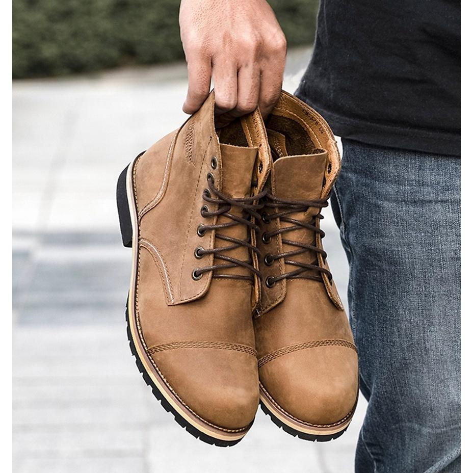 Giày boot nam cổ cao da bò nguyên tấm đế cao su cao cấp, bốt nam cổ cao Da Bò