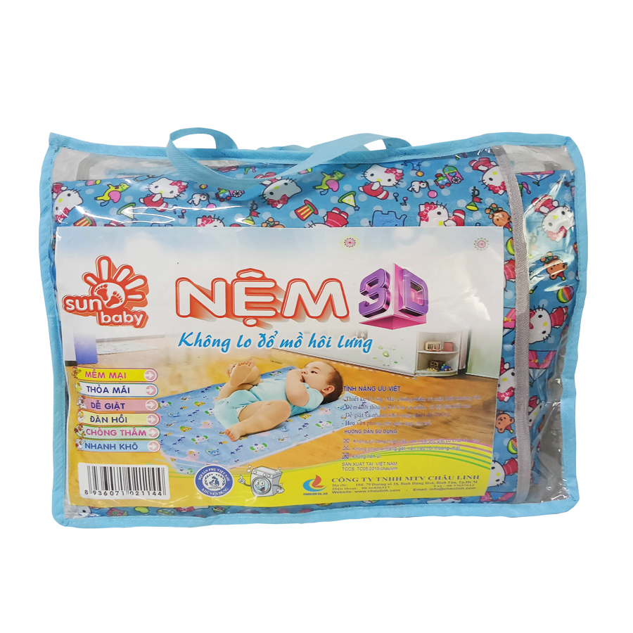 Nệm 3D sunbaby 3 lớp mềm mại thoáng khí, mềm mại, thấm hút mồ hôi giúp bé ngủ ngon. Dể gấp gọn - Có túi đựng riêng